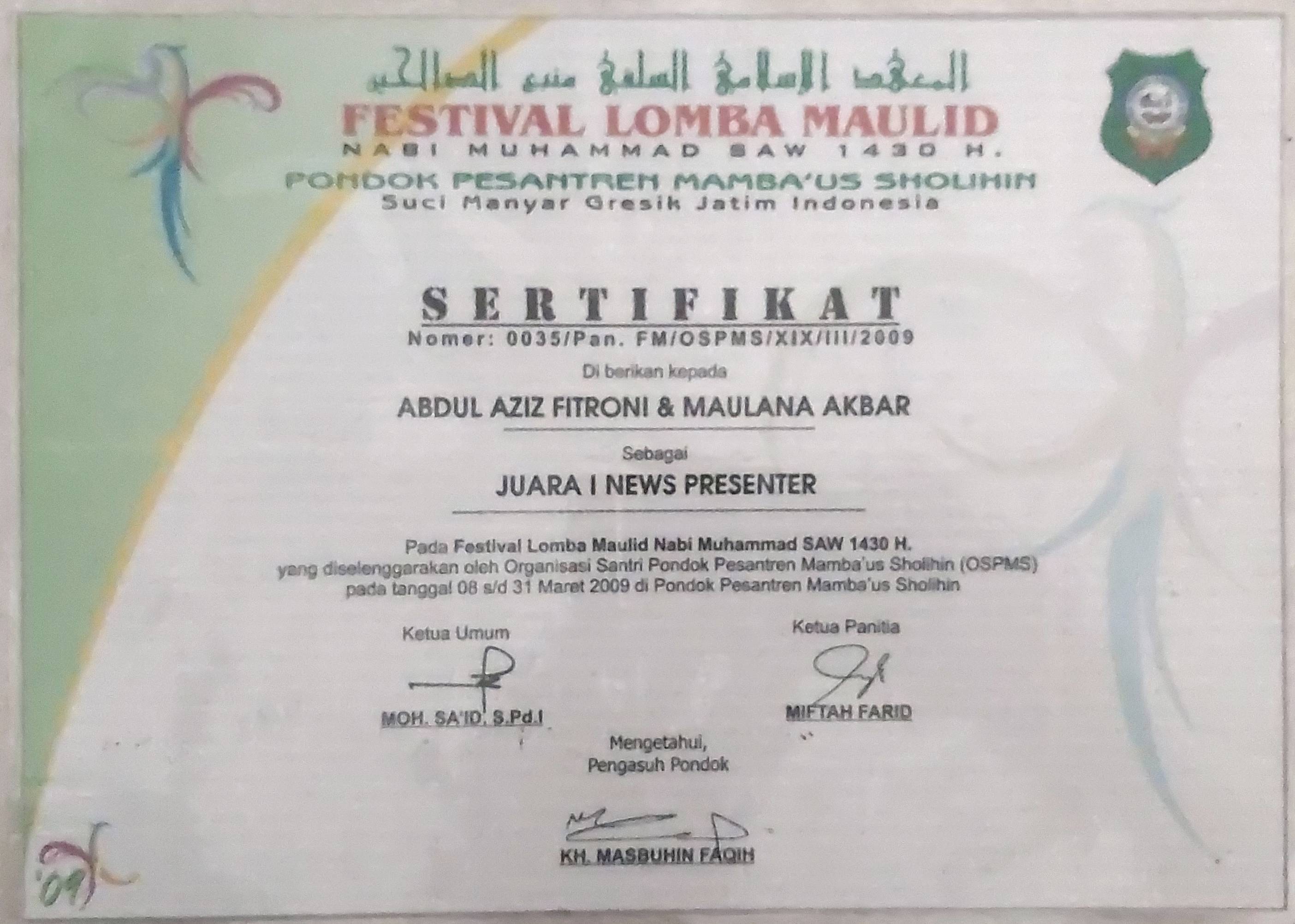 Juara 1 News Presenter Festival Maulid Nabi Saw. Di Ponpes Mambaus Sholihin
